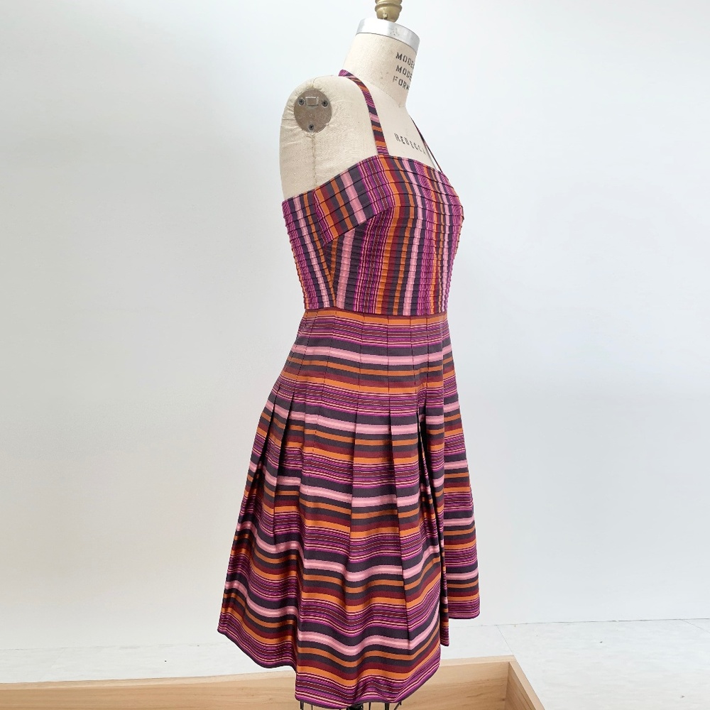 Kay Unger Halter Neck Striped Silk Cocktail Dress